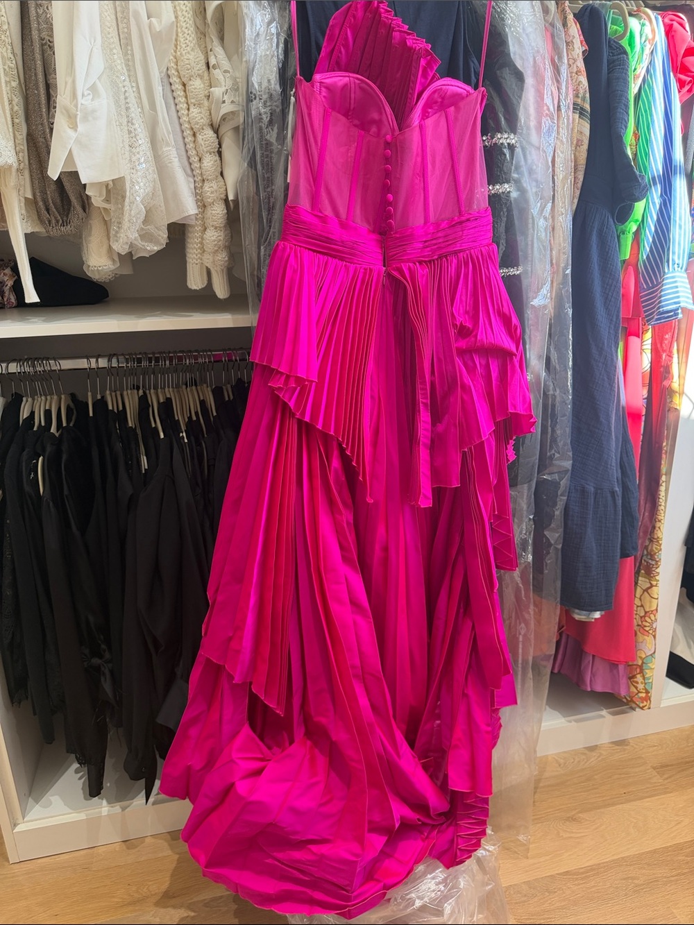 Tarik Ediz Fuchsia One-Shoulder Ruffled Evening Gown 42/US10 - Picture 6 of 8